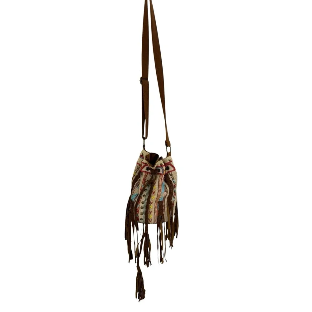 Urban Outfitters Crossbody Bucket Bag trendy Tassel Tribal Ecote beaded braid - Picture 5 of 7
